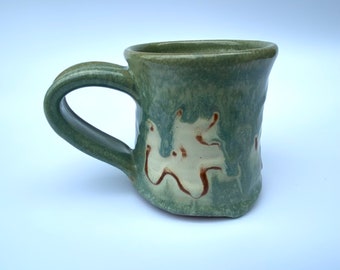 Green Hand-thrown mug with ivory flower