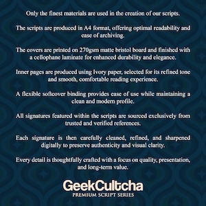 Może przedstawiać: Reklama tekstowa dla Premium Script Series firmy GeekCultcha. Tekst podkreśla użycie wysokiej jakości materiał&oacute;w, format A4 oraz nacisk na jakość i prezentację. Logo i hasło reklamowe znajdują się na dole.