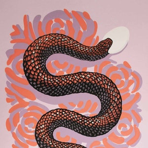 May include: A print featuring a stylized snake with a black and orange scale pattern, coiled against a backdrop of orange and purple swirls. The artwork has a pink background and a white egg shape near the snake's head.