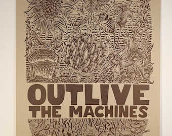 Impression linogravure typographique Outlive the Machines