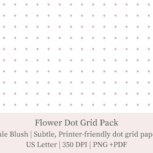 May include: White paper with a repeating pattern of pale blush-colored star-shaped dots. The text "Flower Dot Grid Pack" is at the bottom, along with details about the paper's color, style, and format.