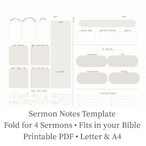 Puede incluir: Una plantilla imprimible de notas de sermón con un fondo punteado. La plantilla incluye secciones para notas de sermón, referencias bíblicas y reflexiones personales. El texto de la plantilla dice "Sermon Notes Template" y "Fold for 4 Sermons".