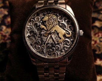 Handmade ghalamzani Persian Watch, silver cover and brass, Custom Persian design watch , meaningful persian gift for dad, made in Georgia