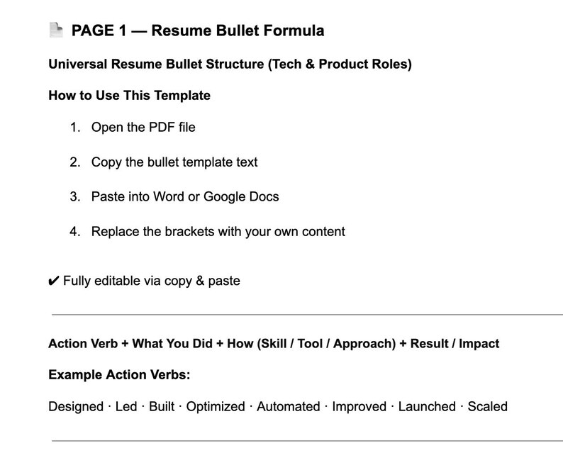 Resume Bullet Point Template for Tech & Product Roles | Easy Fill-in ...
