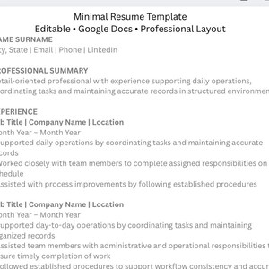 May include: A minimal resume template with the text "Minimal Resume Template" at the top. The template is editable and designed for Google Docs. It includes sections for name, professional summary, and experience, with placeholders for details.