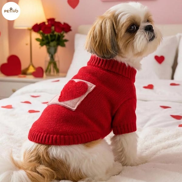 Herz bestickter Haustier-Pullover, rote Chenille-Strickhundekatzen-Kleidung