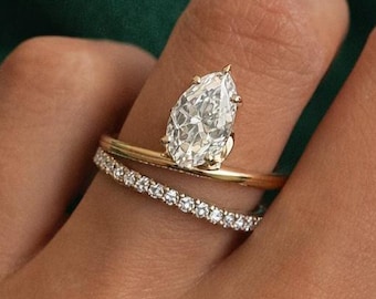 3 CT Pear Cut Moissanite Double Band Ring Set | 14K Yellow Gold Bridal Set | Solitaire Pear Engagement Ring | Wedding Ring Gift for Her