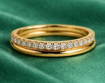 Round Cut Moissanite Wedding Band | 14K Solid Gold Plain Band One Side Pave Set Diamond Ring Half Eternity Stacking Ring Anniversary Gift