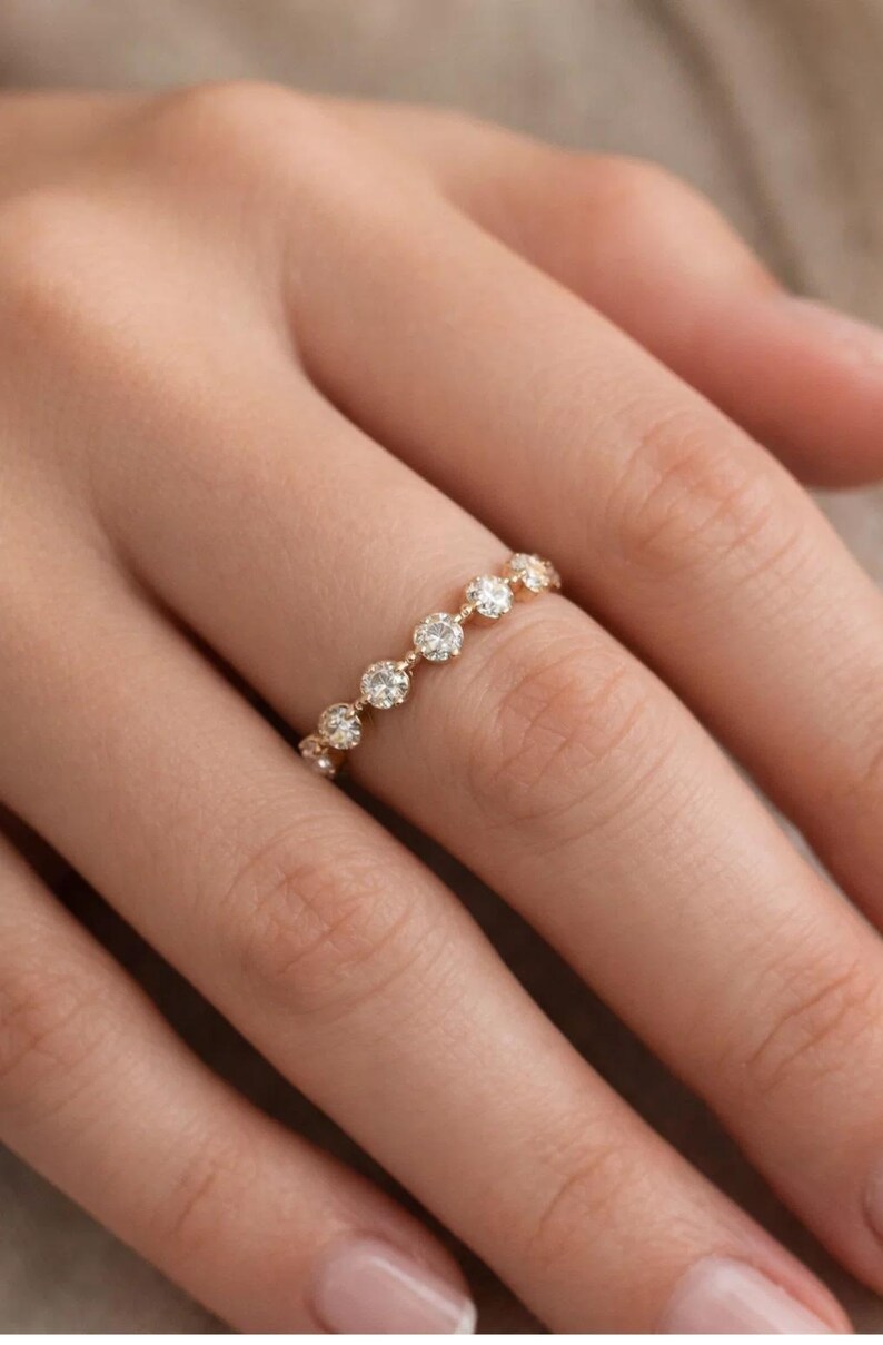 Round Cut Moissanite Wedding Band | Yellow Gold Half Eternity Ring ...