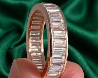 Baguette Cut Lab Grown Diamond Band Ring – 14K Solid Gold or Silver Stackable Wedding or Anniversary Ring – Moissanite Option Available.