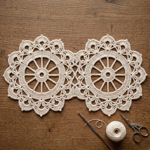May include: Two cream-colored, crocheted doilies connected together, featuring a wheel-like design with a scalloped edge. A crochet hook, a ball of yarn, and small scissors are next to the doilies on a wooden surface. The doilies are handmade.