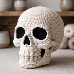 May include: A three-dimensional human skull replica crafted from off-white yarn using a crochet technique. The eye sockets and nasal cavity are filled with deep black yarn, creating a stark contrast against the light-colored exterior surface.