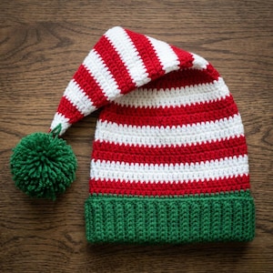 Crochet Elf Hat Pattern, Adult Striped Christmas Cap, Festive Winter PDF