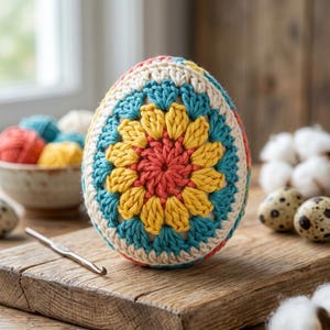 Puede incluir: Un huevo de Pascua tejido a mano con un colorido diseño floral. El huevo presenta una base color crema, con un diseño central en rojo, amarillo y azul. También se ven un ganchillo y un cuenco de hilo.