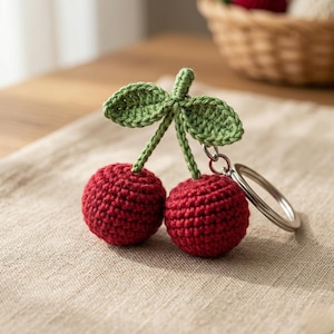 May include: A crochet keychain depicting two red cherries with green stems and leaves. The cherries are attached to a silver keyring. The keychain is made of yarn and rests on a beige surface. The cherries are approximately 3 cm in diameter.