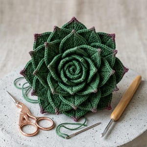 Op de afbeelding: Een handgemaakte, groene gehaakte vetplant met paars gekleurde bladeren. De vetplant staat op een grijze ondergrond, met een gouden schaar, een garennaald, een haaknaald en groen garen. Een uniek, handgemaakt item.