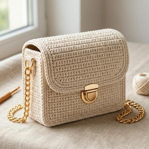 May include: A rectangular cream-colored crochet handbag featuring a structured flap closure, a polished gold-tone metal push-lock clasp, and a matching gold-tone metal chain shoulder strap attached to the sides with circular metal rings.