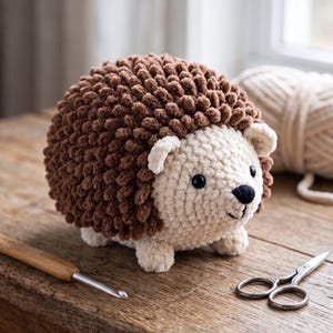 Puede incluir: Un erizo de peluche tejido a ganchillo a mano con una espalda texturizada de color marrón oscuro y una cara, orejas y pies de color crema. El erizo tiene pequeños ojos de plástico negro y una nariz bordada en negro, hecho con hilo suave.