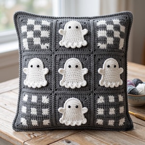 Checkered Ghost Pillow Crochet Pattern PDF, Halloween Cushion Cover, Spooky Tapestry Crochet Decor