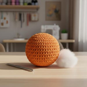 Könnte beinhalten: Eine orangefarbene, gehäkelte Kugel mit strukturierter Oberfläche, neben einem kleinen Haufen weißer Füllung. Ein silberner Häkelhaken liegt auf dem Holztisch. Die Szene deutet auf ein handgemachtes Bastelprojekt hin.