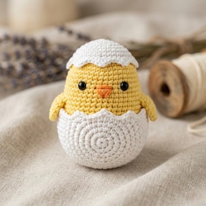 Patrón de crochet de pollito en huevo, juguete amigurumi de Pascua, decoración de peluche de primavera