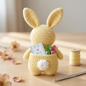 Könnte beinhalten: Ein handgefertigtes, gelbes Häschen aus Häkelarbeit mit langen Ohren und einer Tasche, die eine Karte mit der Aufschrift "FOR YOU" und verpackte Süßigkeiten enthält. Eine weiße Blume verziert die Rückseite des Häschens. Eine Spule gelbes Garn und eine Häkelnadel sind ebenfalls sichtbar.