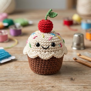 Könnte beinhalten: Ein gehäkelter Cupcake mit einem lächelnden Gesicht, gekrönt von einer roten Kirsche und einem grünen Blatt. Der Cupcake hat eine braune Basis, eine cremefarbene Oberseite mit bunten Streuseln und schwarze Augen. Ein skurriles handgefertigtes Produkt.