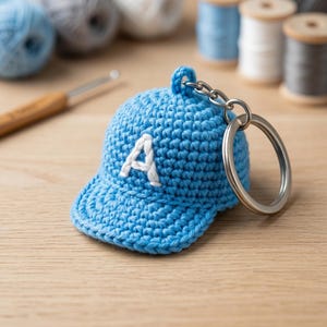 Puede incluir: Un llavero de gorra de béisbol de ganchillo azul claro con la letra "A" blanca en la parte delantera. El llavero tiene un anillo y una cadena plateados. El fondo incluye carretes de hilo y un ganchillo.