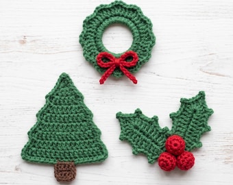 Crochet Christmas Appliqué Pattern: Wreath, Tree, Holly Motifs (PDF)