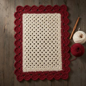 May include: Handmade crochet rectangular rug with a cream-colored center and a scalloped burgundy border. A wooden crochet hook, a ball of cream-colored yarn, and a ball of burgundy yarn are next to the rug.