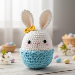 May include: A crocheted Easter bunny with white body, blue base, and large white ears. The bunny has black eyes, pink cheeks, and a yellow bow. Pastel Easter eggs and a basket are in the background.