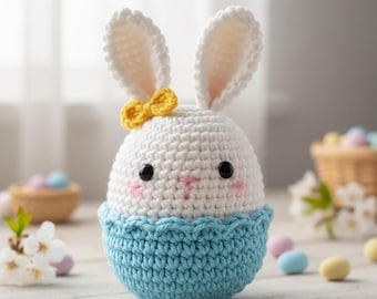 May include: A crocheted Easter bunny with a white body, blue base, and large white ears. The bunny has black eyes, pink cheeks, and a yellow bow. Pastel Easter eggs and a basket are in the background.