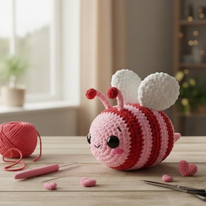 May include: A handmade crochet bee with red and pink stripes, white wings, and a smiling face. The bee is on a wooden surface with yarn, crochet hooks, and heart-shaped decorations. A charming, handcrafted item.