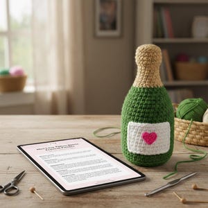 May include: A green and beige crocheted champagne bottle with a white label and a pink heart. A tablet showing a crochet pattern, scissors, and yarn are on a wooden surface. A crochet hook and yarn are also visible.