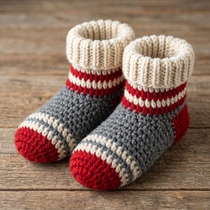 May include: A pair of handmade crochet slipper socks. The socks feature a gray body with red and white stripes around the ankle and toe. The cuff is a cream color. The socks are displayed on a wooden surface.
