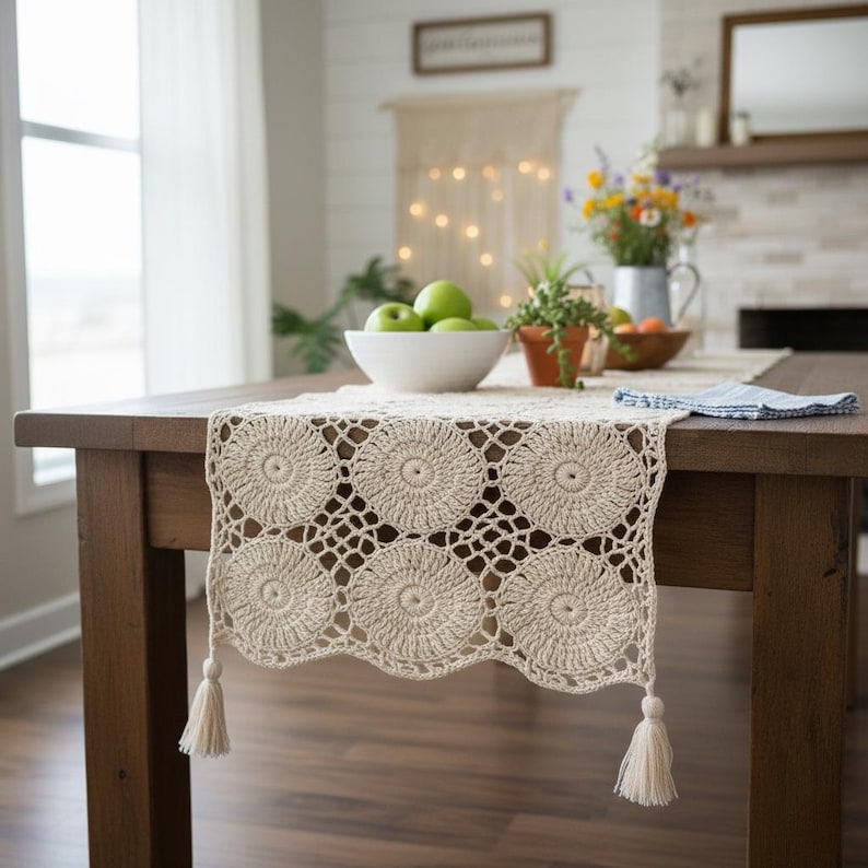 Crochet Table Runner Pattern – Floral Motif, Lace Edge, Tassels (US ...