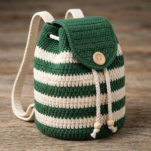 Op de afbeelding: Een handgemaakte gehaakte rugzak met afwisselende groene en crèmekleurige horizontale strepen. De rugzak heeft een groene flap die is vastgezet met een houten knoop en een crèmekleurige trekkoordsluiting. De bandjes zijn crèmekleurig.