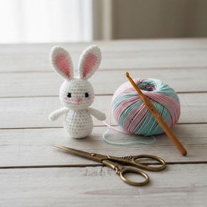 Könnte beinhalten: Ein handgehäkelter weißer Häschen mit rosa Innenohren und einer kleinen rosa Nase und Mund. Ein Knäuel Garn in Pastellfarben, ein Häkelhaken aus Holz und eine goldene Schere liegen neben dem Häschen. Auf einer weißen Holzoberfläche.
