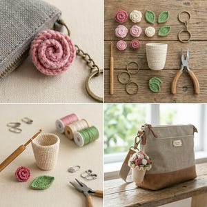 Haakpatroon amigurumi-bloemboeket sleutelhanger (pdf) | Accessoire tas met mini-roos bedel afbeelding 4