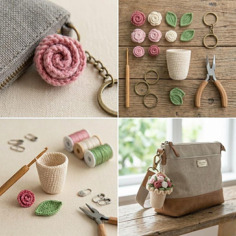 Haakpatroon amigurumi-bloemboeket sleutelhanger (pdf) | Accessoire tas met mini-roos bedel afbeelding 4