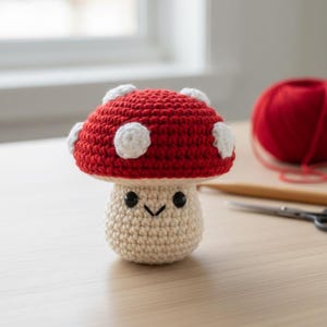 Puede incluir: Un juguete de hongo tejido a mano con un gorro rojo con lunares blancos. El hongo tiene un tallo beige, ojos de botón negros y una sonrisa cosida. El juguete está hecho de hilo suave.