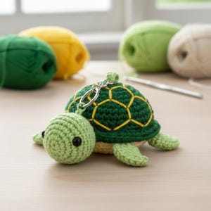 Può includere: Un portachiavi a forma di tartaruga all'uncinetto fatto a mano, verde e giallo. La tartaruga ha un guscio verde con dettagli gialli, una testa e zampe verde chiaro e occhi neri. Un portachiavi argentato è attaccato. Gomitoli di lana e un uncinetto sullo sfondo.