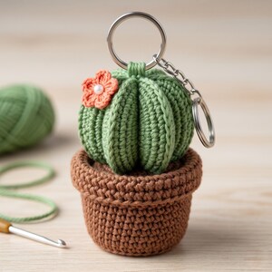 Puede incluir: Un llavero de cactus tejido a ganchillo. El cactus verde tiene una pequeña flor naranja con una perla en el centro y está en una maceta marrón. Un llavero y una cadena plateados están adjuntos. En el fondo, una madeja de hilo verde y un ganchillo.