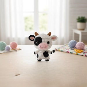 May include: A handmade crochet cow with a white body, black spots, and a black and white face. The cow has small brown horns and a pink nose. The cow is standing on a light-colored wooden surface.