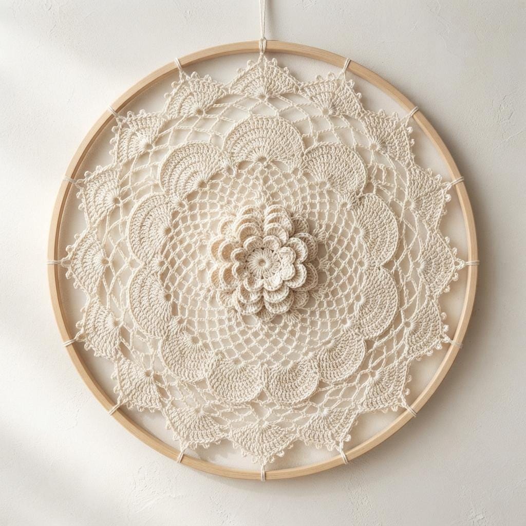 30 Framed Crochet Wall Art Patterns for Stylish, Handmade Decor 29 Flower Lace Dreamcatcher Mandala Wall Hanging