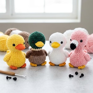 縫わないかぎ針編みの鳥のパターン | ゴム製のアヒル、マガモ、フラミンゴ、ペリカン | 簡単な編みぐるみおもちゃ