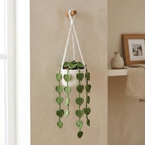 May include: A white crochet hanging planter with green heart-shaped leaves. The planter is suspended from a wooden dowel on the wall. The planter contains a green plant.