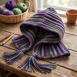 May include: A handmade purple and green crocheted hood and scarf set with tassels. The hood and scarf are striped with alternating bands of purple and green yarn. The tassels at the ends of the scarf are a mix of purple and green yarn. The set is displayed on a wooden surface.