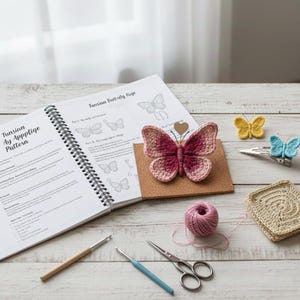 Puede incluir: Una escena de proyecto de crochet con un libro de patrones de mariposas, una mariposa de ganchillo rosa y crema sobre una tabla de corcho y otras mariposas de ganchillo. También hay un ovillo de hilo rosa, ganchos de ganchillo y tijeras.
