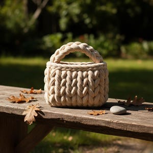 May include: A beige, hand-knitted basket with a braided handle. The basket is made of thick, soft yarn and sits on a wooden bench. The background is blurred, showing a green lawn and trees. Fallen leaves and a small stone are scattered around the basket.